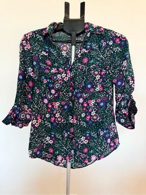 Express Green Floral Button-Down Portofino Shirt with Pink & Blue Accents